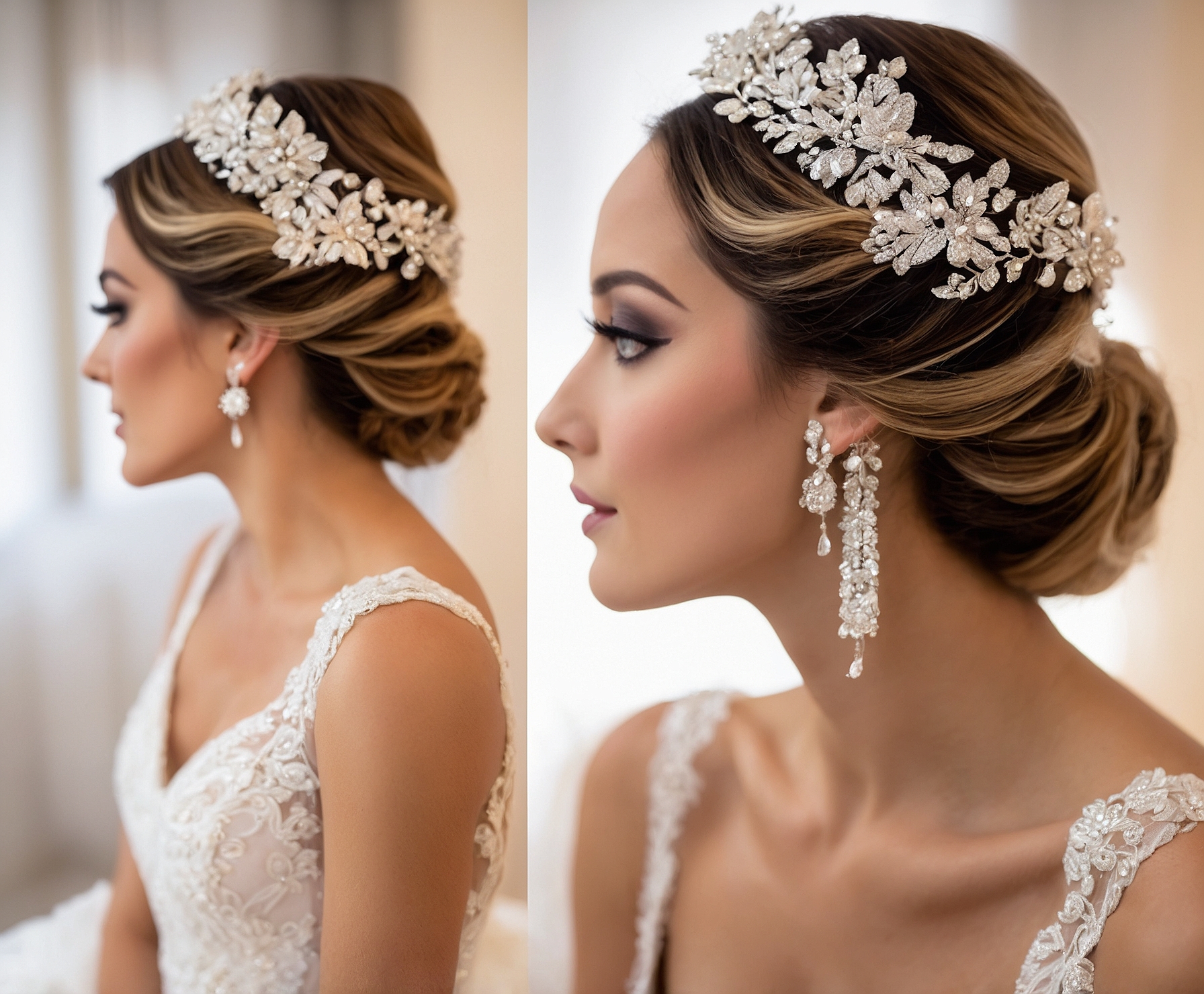 Novia con maquillaje profesional radiante y elegante en su boda